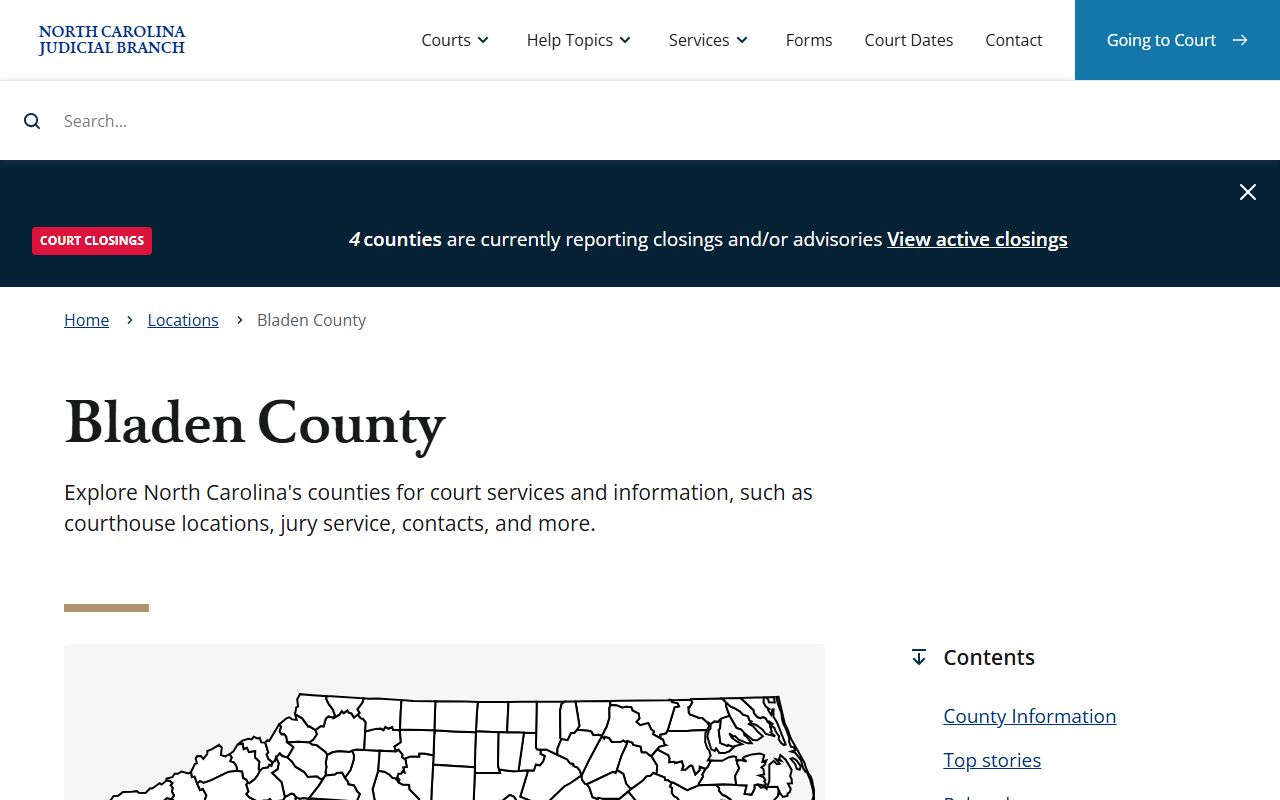 Bladen County court information page for dissolution of marriage filings in Elizabethtown
