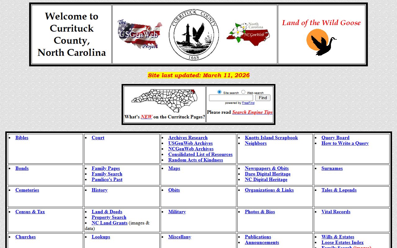 Currituck County NCGenWeb for genealogy and dissolution of marriage records research