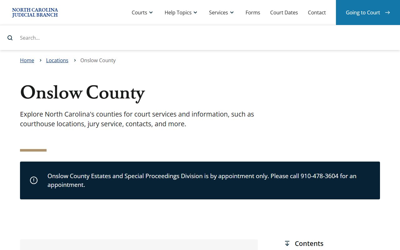 Onslow County Court information page for dissolution of marriage records in Jacksonville