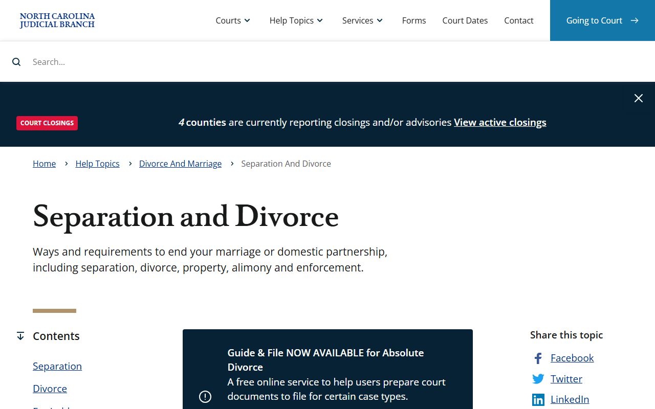 NC Judicial Branch separation and dissolution of marriage help resources for Durham residents
