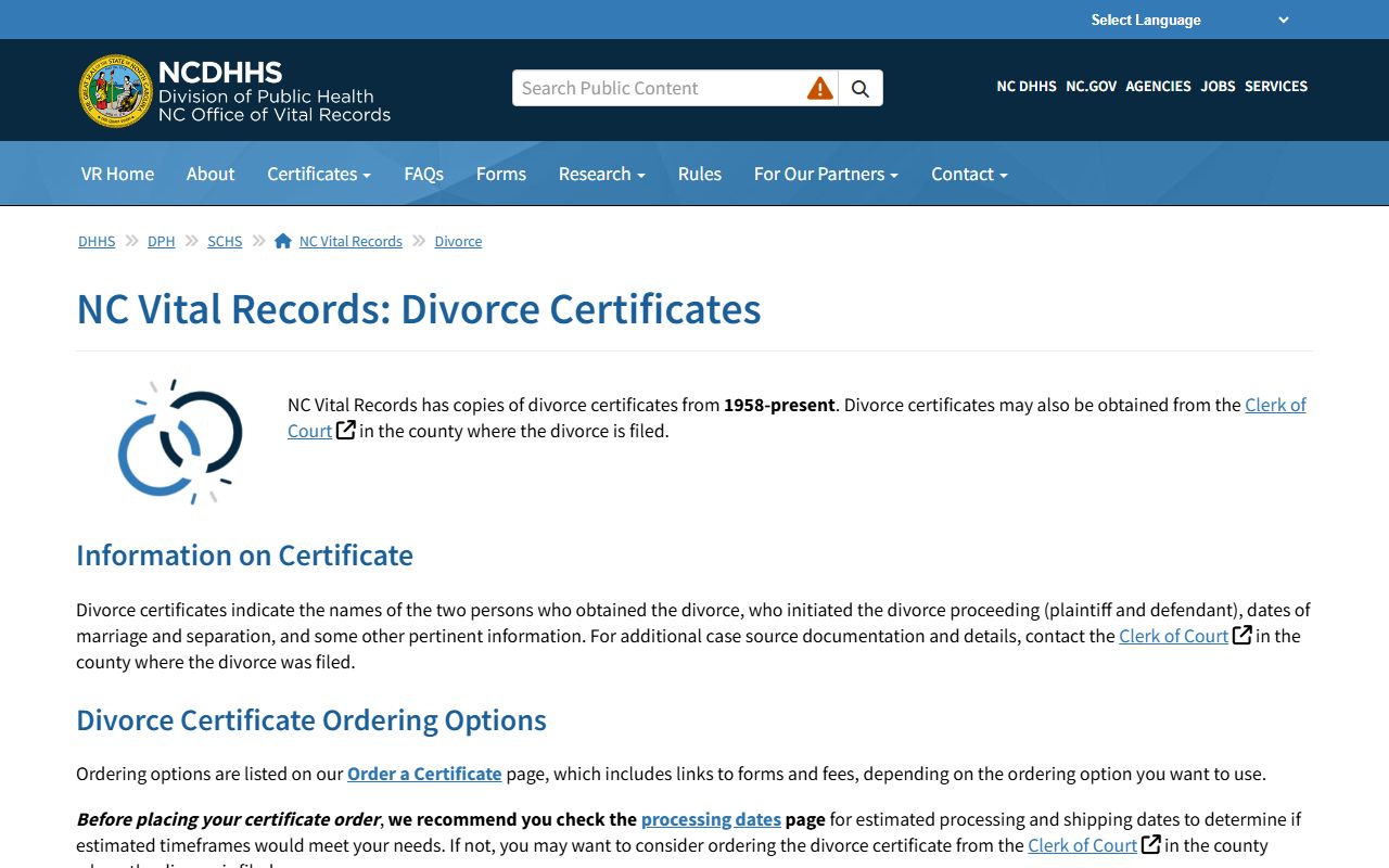 North Carolina vital records office dissolution of marriage verification for Cary and Wake County